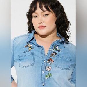 Torrid Toy Story Button Down Top - Chambray Denim Light Wash 3X